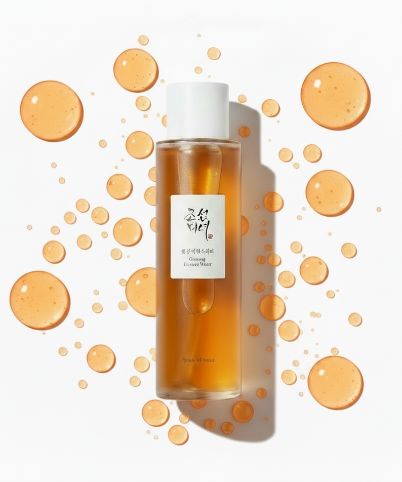 BEAUTY OF JOSEON Ginseng Essence Water 150ml, flacon avec perles dorées d’extrait de ginseng sur fond blanc, style beauté