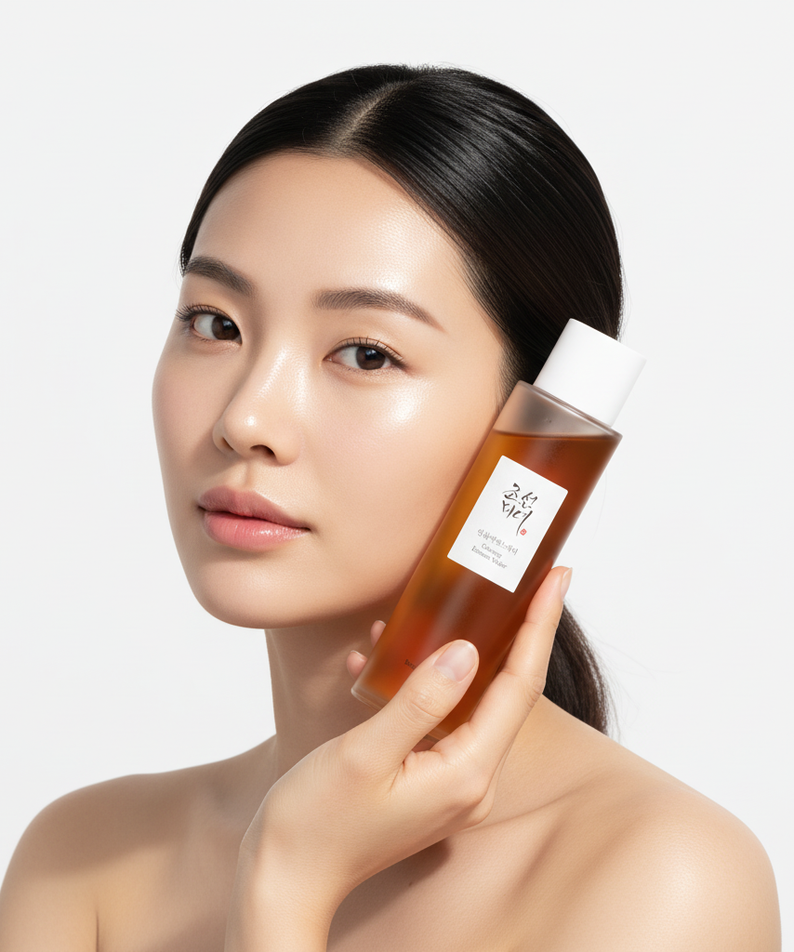 BEAUTY OF JOSEON Ginseng Essence Water 150ml sur flacon, sur une femme en fond clair, texture hydratante