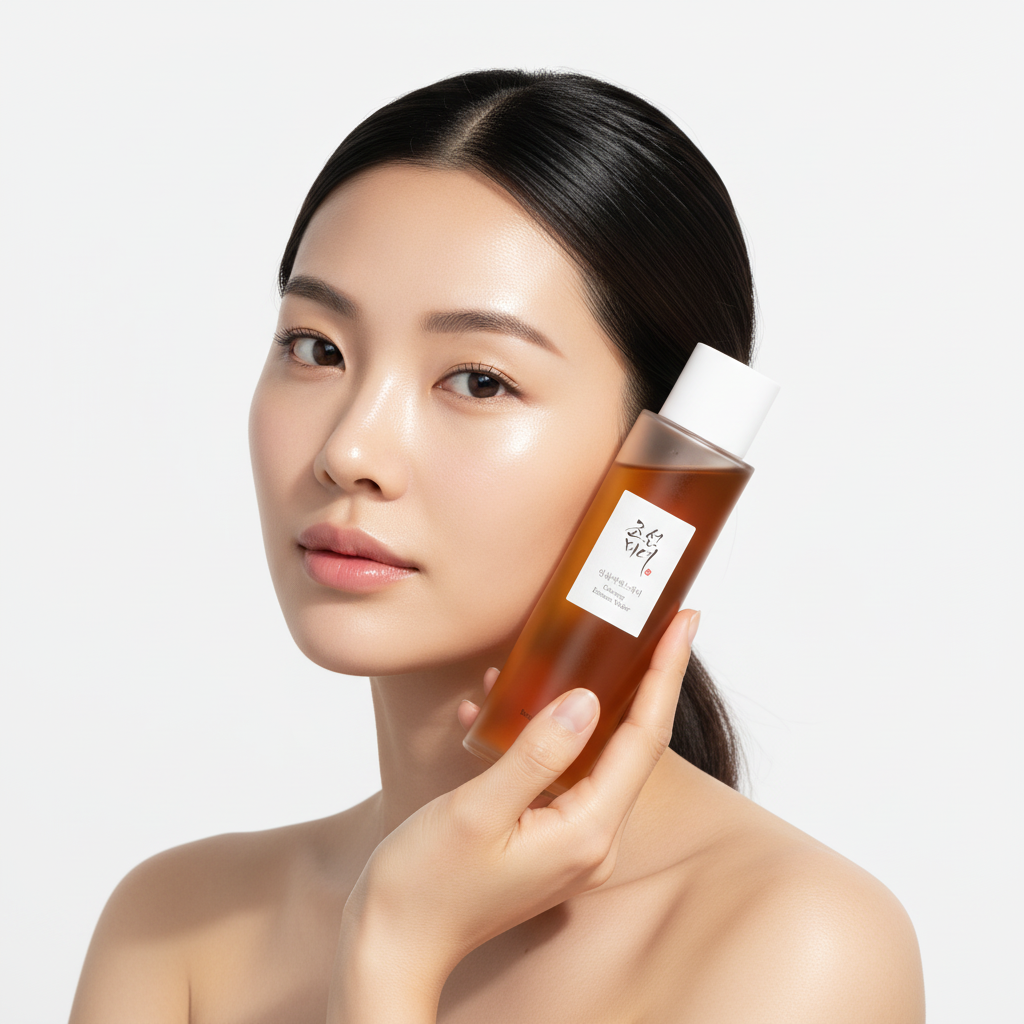 BEAUTY OF JOSEON Ginseng Essence Water 150ml sur flacon, sur une femme en fond clair, texture hydratante