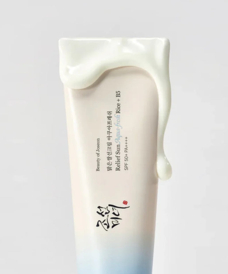 BEAUTY OF JOSEON Relief Sun Aqua Fresh SPF50+ PA++++ 50ml, tube crème solaire, sur fond blanc, produit marque visible.