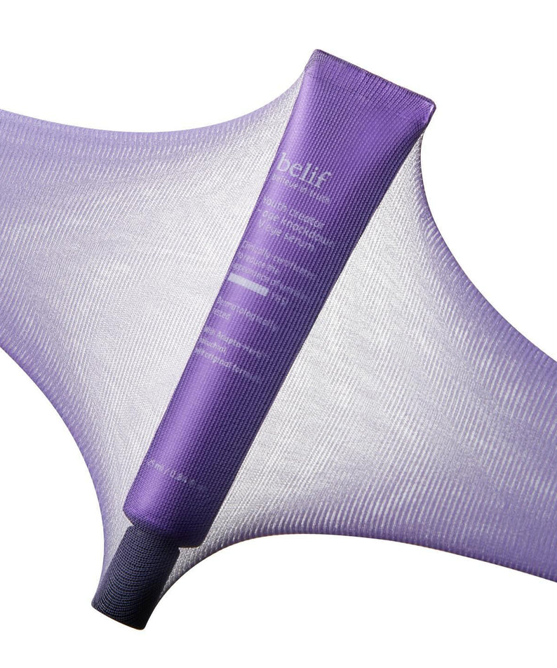 BELIF Age Knockdown V Eye Serum 25ml en tube violet, soin anti-âge pour yeux, hydratant et raffermissant.