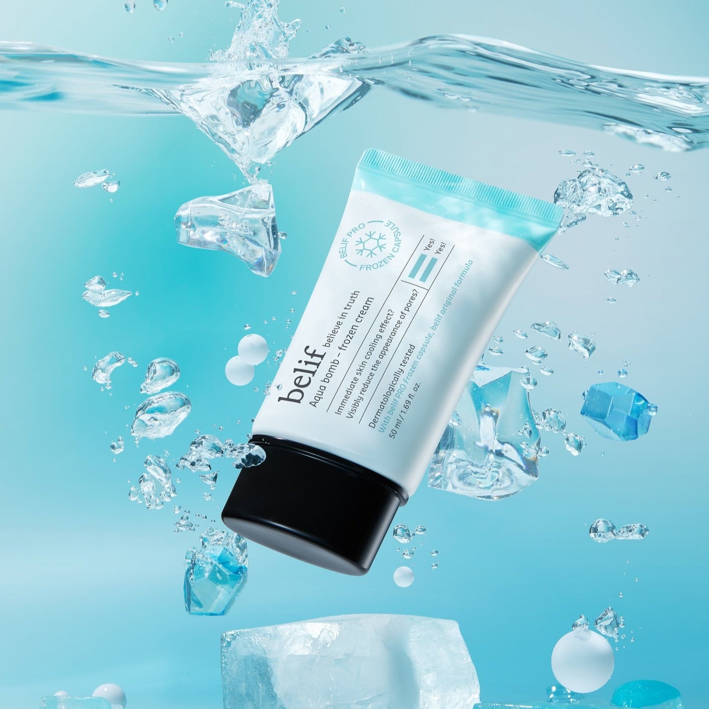 BELIF Aqua Bomb Frozen Cream 50ml, crème gel hydratante de la marque BELIF, sous l’eau, visuel bleu rafraîchissant.