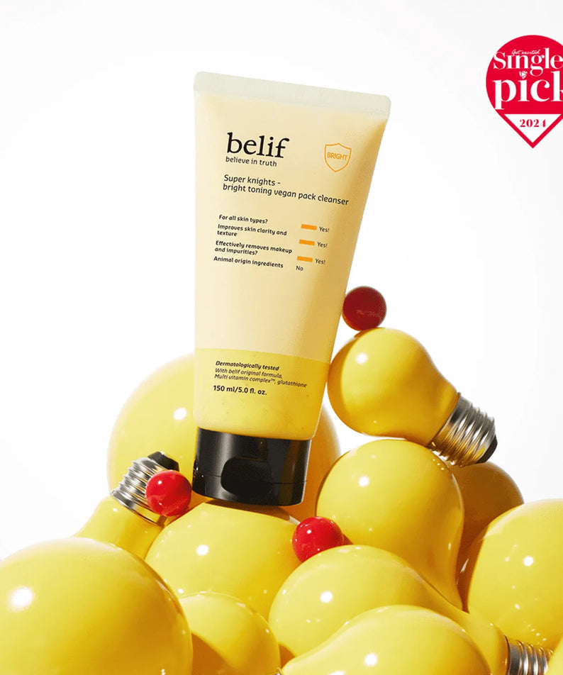 BELIF Super Knights bright Toning Vegan Pack Cleanser 150ml, produit de soin de la peau sur des ampoules jaunes, sélection des célibataires 2021.