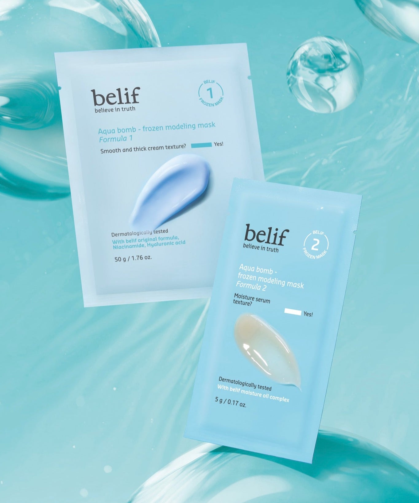 BELIF Aqua Bomb Frozen Modeling Mask sur fond aquatique, revitalisation intense et hydratation pour une peau éclatante.