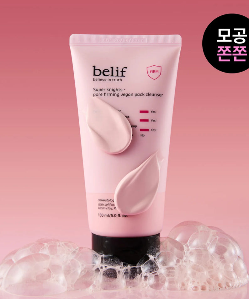 BELIF Super Knights Pore Fiming Vegan Pack Cleanser 150ml de BELIF sur fond rose, tube cosmétique en gel