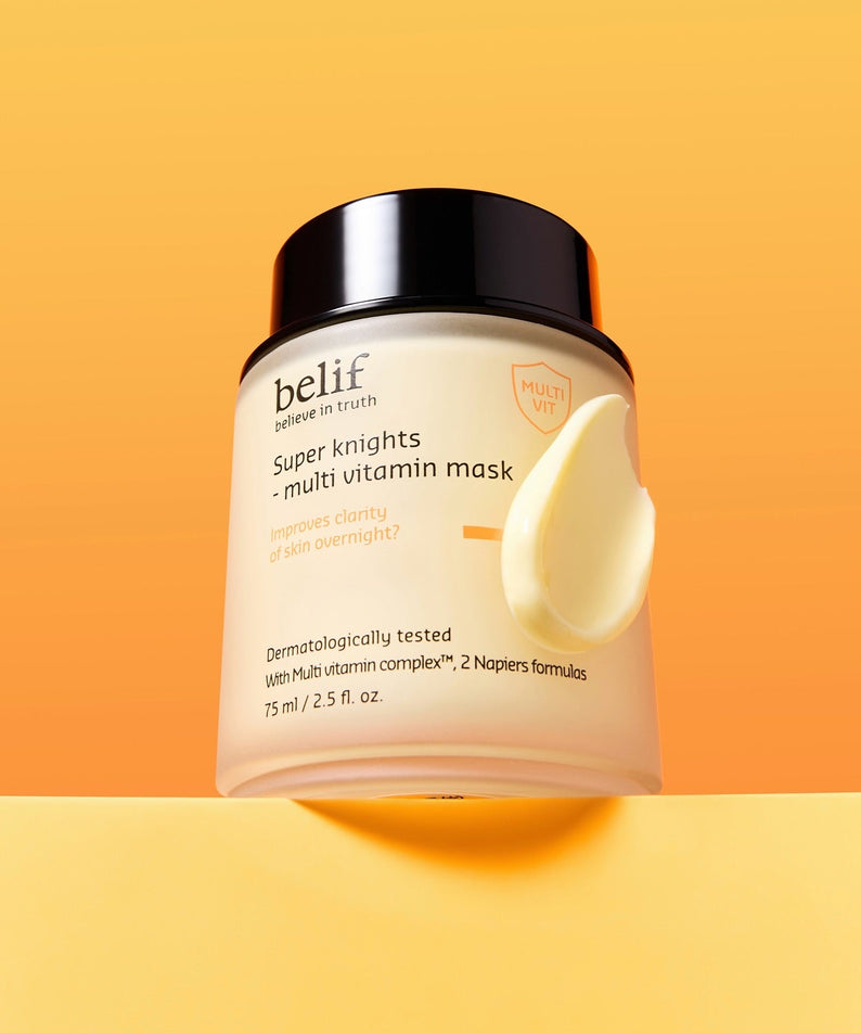 BELIF Super Knights Multi Vitamin Mask 75ml, masque multi-vitaminé de la marque belif sur fond orange, visuel produit