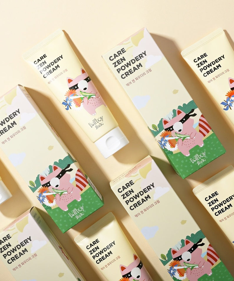 BELLBOY STUDIO Care Zen Powdery Cream 120ml, tubes sur fond clair, design panda, packaging bien aligné