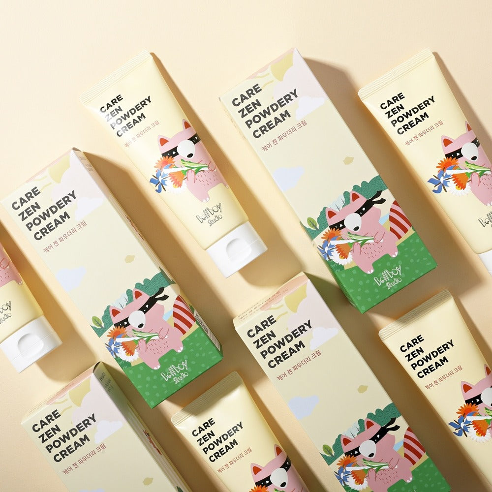 BELLBOY STUDIO Care Zen Powdery Cream 120ml, tubes sur fond clair, design panda, packaging bien aligné