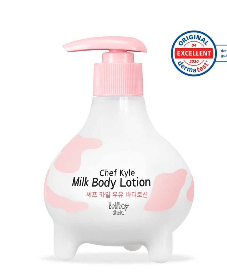 BELLBOY STUDIO Chef Kyle Milk Body Lotion 300ml, flacon crème rose sur fond blanc, design chef et vache, marque visible.