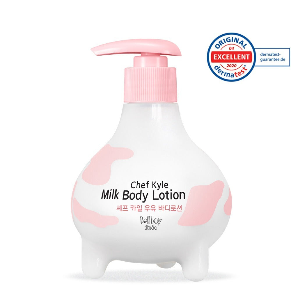 BELLBOY STUDIO Chef Kyle Milk Body Lotion 300ml, flacon crème rose sur fond blanc, design chef et vache, marque visible.