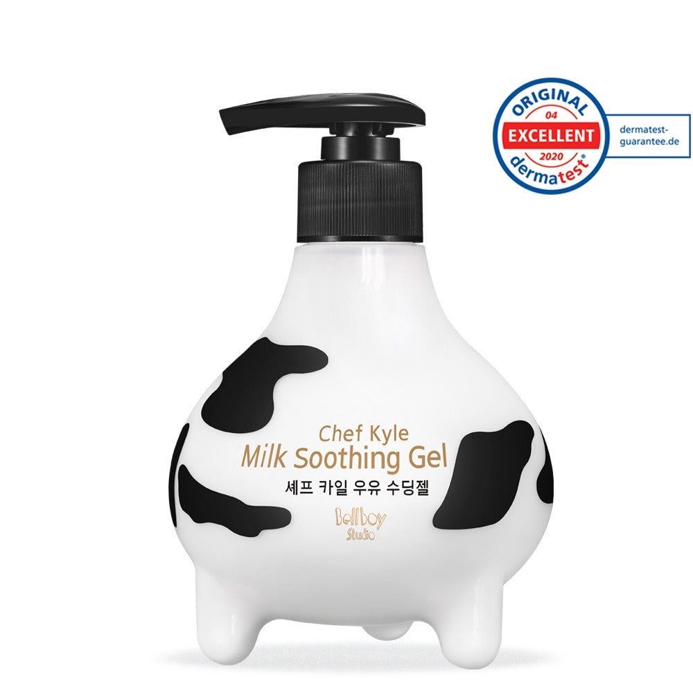 BELLBOY STUDIO Chef Kyle Milk Soothing Gel 300ml : gel apaisant en flacon vache blanc, design ludique sur fond blanc.