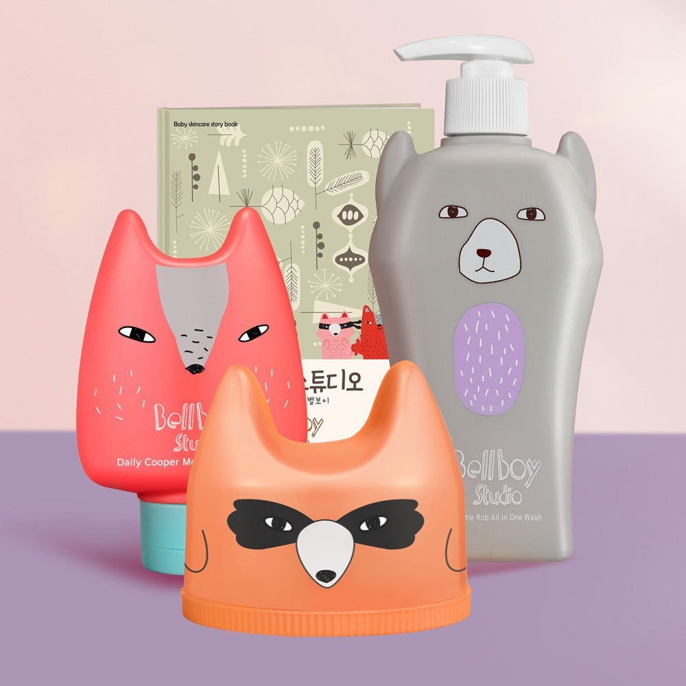 BELLBOY STUDIO Gentle Rob All-in-One Wash 400ml : flacon et coffrets avec animaux, sur fond rose, style mignon