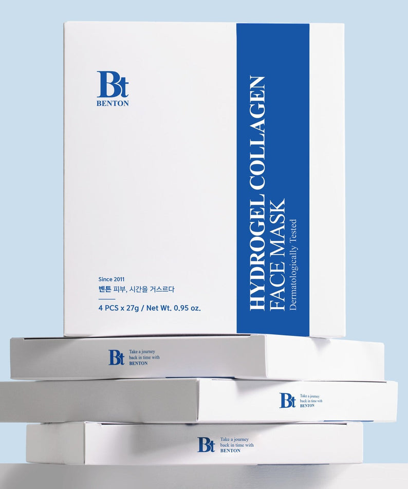 Emballage de BENTON Hydrogel Collagen Mask Pack 27g x4 sur fond bleu clair, soins de la peau et hydratation.