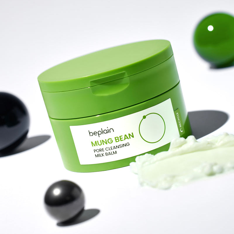 BEPLAIN Mung Bean Pore Cleansing Milk Balm 100ml : pot vert beplain et texture blanche, contexte beauté sur fond clair.