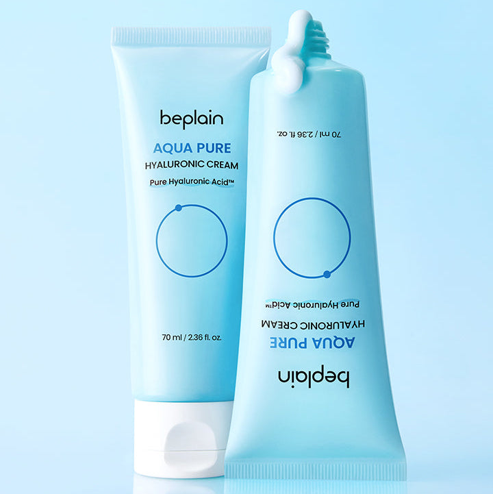 BEPLAIN Aqua Pure Hyaluronic Cream 70ml de Beplain, crème hydratante en duo de tubes sur fond bleu, visuel produit.