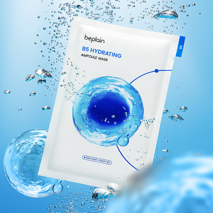BEPLAIN B5 Hydrating Ampoule Mask 5 Sheets, masques hydratants de la marque beplain, en sachet avec gouttes d’eau bleues.