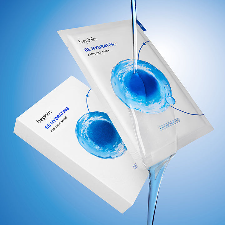 BEPLAIN B5 Hydrating Ampoule Mask 5 Sheets, marque beplain, masques en feuilles avec gel bleu, fond bleu.