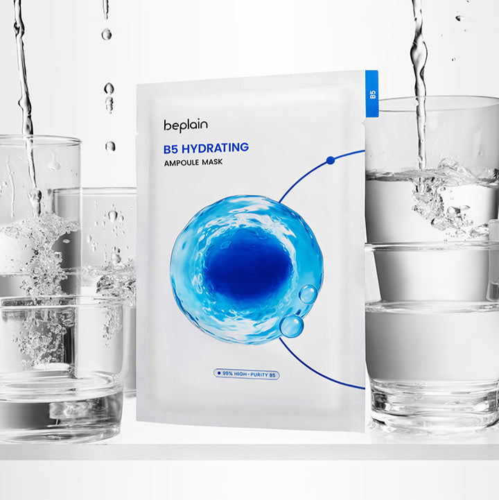 BEPLAIN B5 Hydrating Ampoule Mask 5 Sheets, masque hydratant de la marque BEPLAIN, pack en flacon, ambiance eau/jet d’éclaboussures