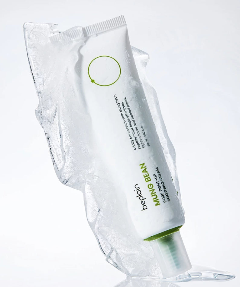 Crème BEPLAIN Green Bean Pore Tightening Cream dans emballage glacé, souligne efficacité et fraîcheur.