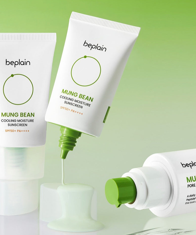 BEPLAIN Green Bean Cooling Moisture Sun Cream 50ml avec emballage vert élégant sur fond vert lumineux.