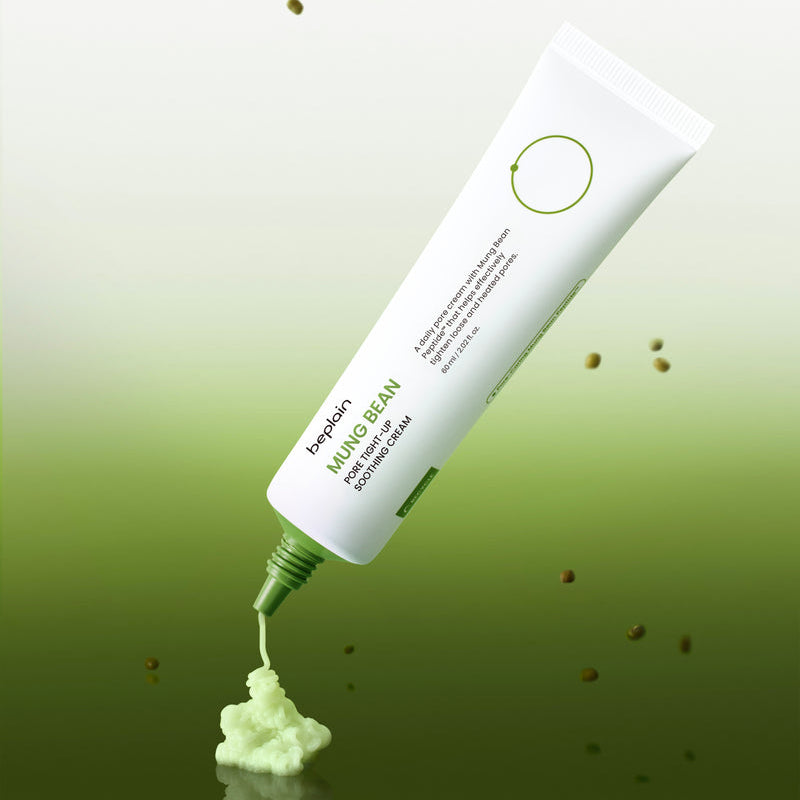 BEPLAIN Green Bean Pore Tightening Cream, tube vert BEPLAIN sur fond vert, gel texturé, concept resserrage des pores.