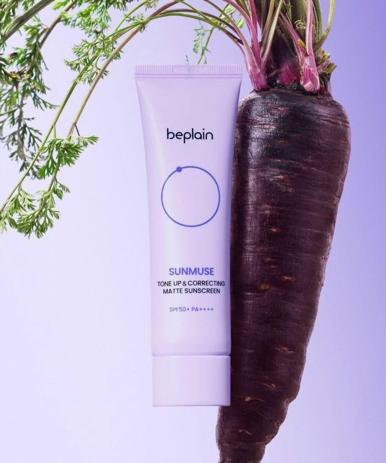BEPLAIN Sunmuse Toneup & Correting Matte Sunscreen SPF50+ PA++++ 50ml, crème solaire beplain sur fond violet