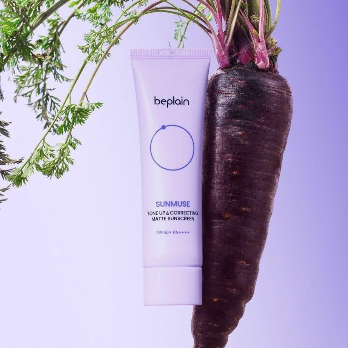 BEPLAIN Sunmuse Toneup & Correting Matte Sunscreen SPF50+ PA++++ 50ml, crème solaire beplain sur fond violet