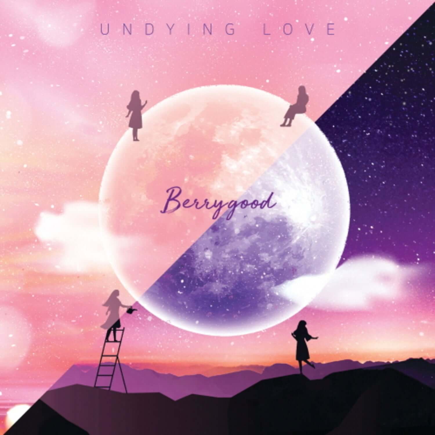 BERRYGOOD - [UNDYING LOVE] - Album Kpop, visuel avec une lune rose et figurines, marque BERRYGOOD sur fond mystique