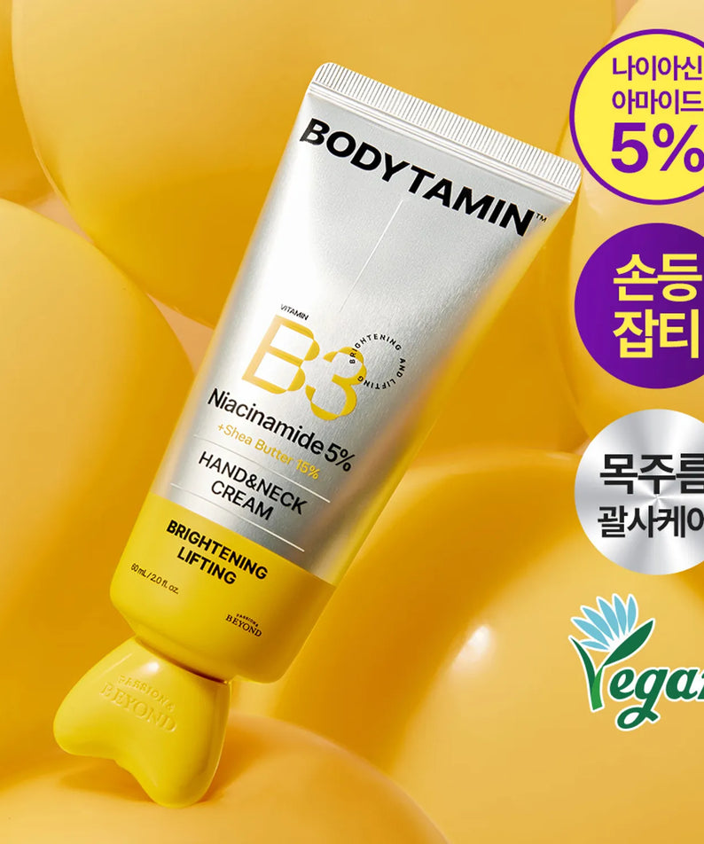 BEYOND Bodytamin B3 Hand&Neck Cream 60ml, crème mains et nuque BEYOND sur fond jaune, visuel produit.