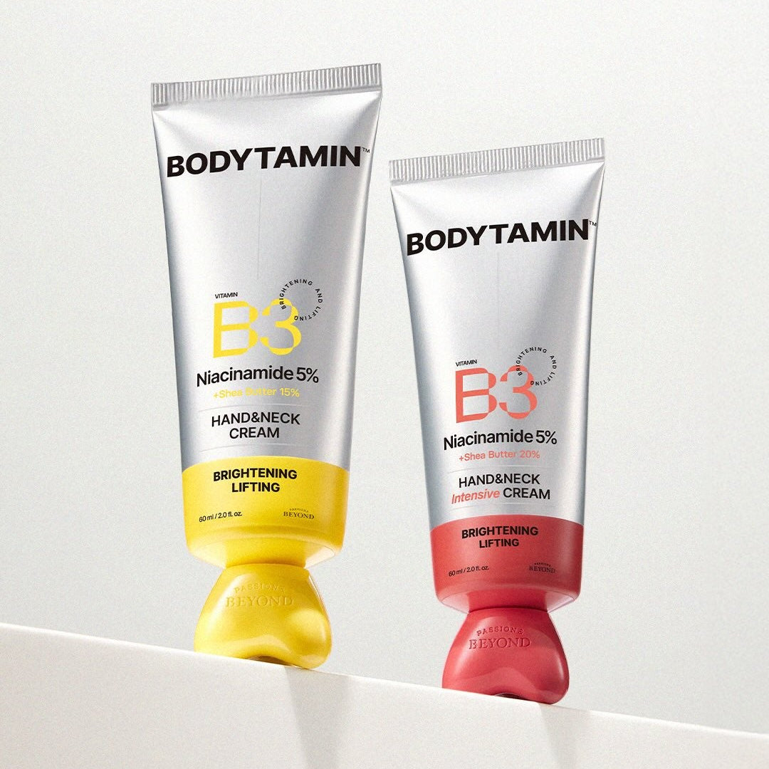 BEYOND Bodytamin B3 Hand&Neck Cream 60ml : crèmes mains et cou BODYTAMIN B3 sur fond clair, tubes jaune et rouge.