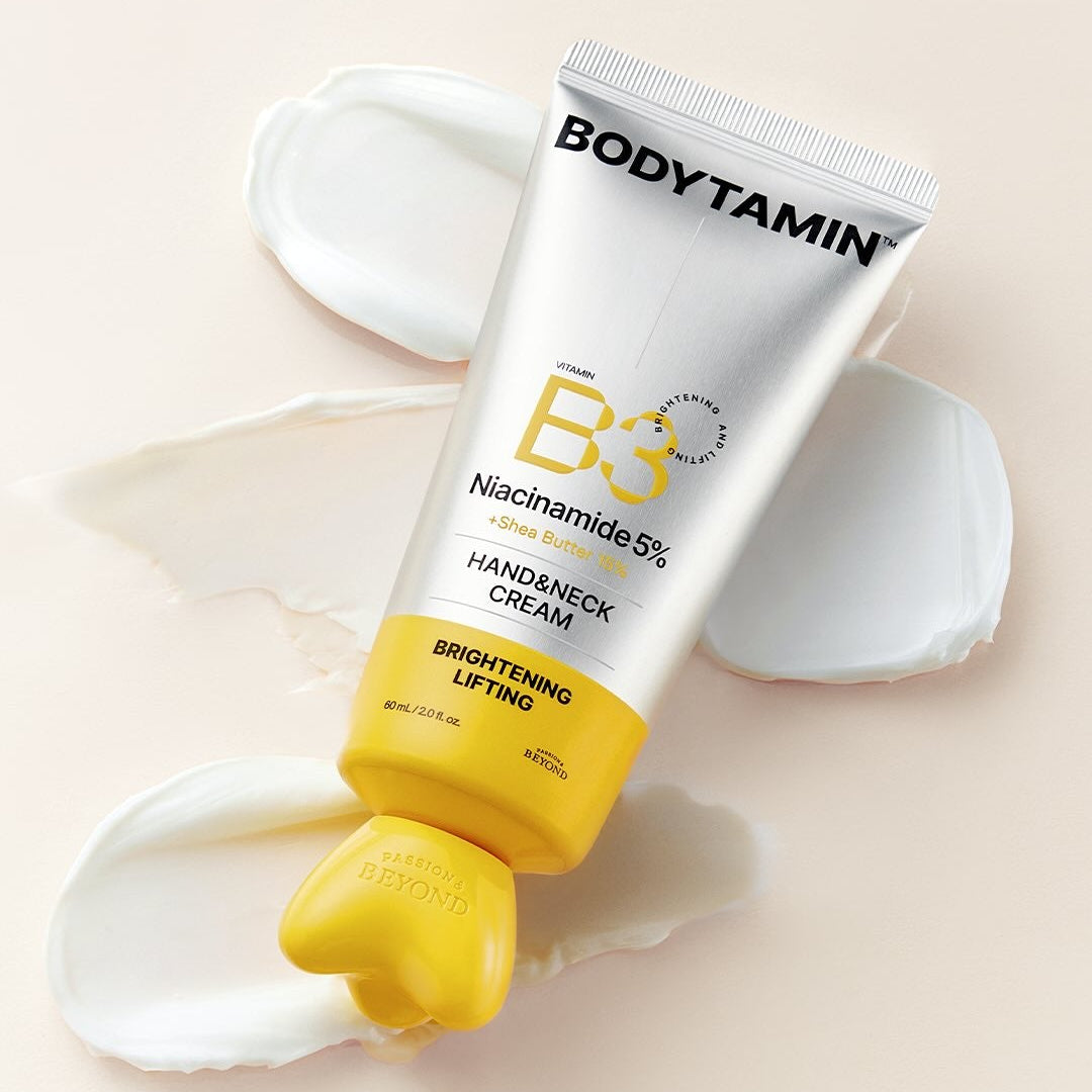 BEYOND Bodytamin B3 Hand&Neck Cream 60ml, crème mains et cou BEYOND, tube sur fond clair, texture crème blanche.