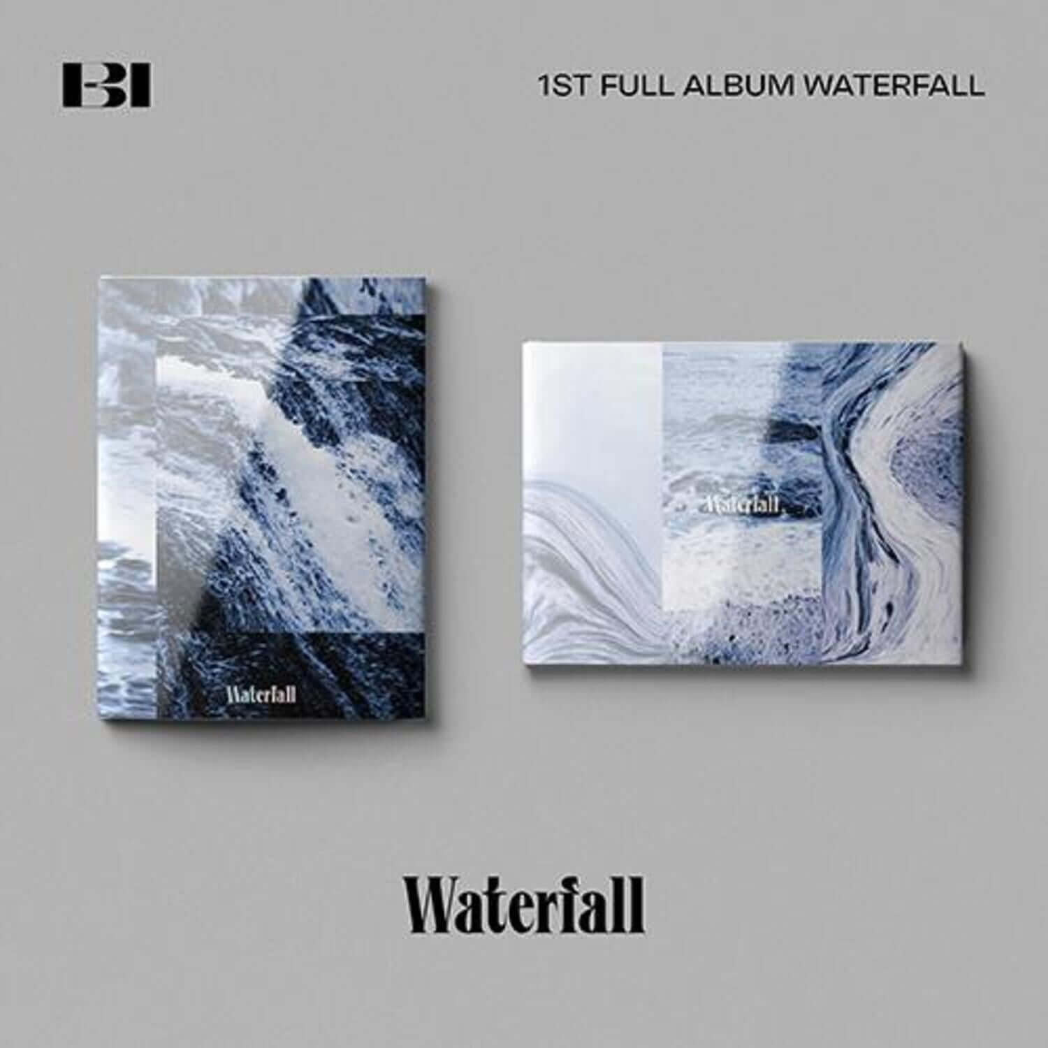 B.I - 1st Full Album - Album Kpop Waterfall, jaquettes bleues sur fond gris, style visuel groupe Kpop