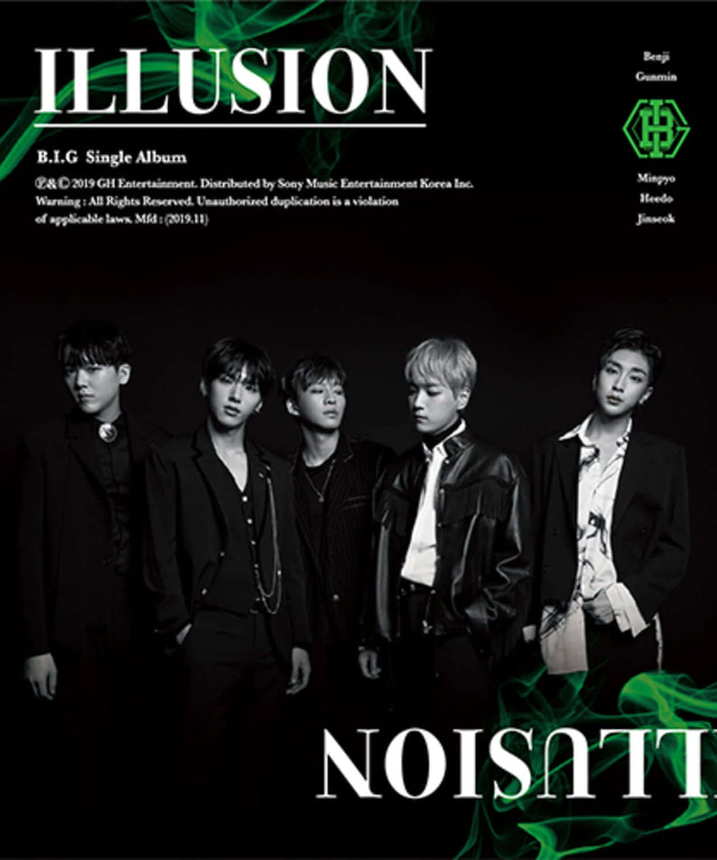B.I - [ILLUSION] - Album Kpop : visuel du groupe sur pochette noire avec titre Illusion et fumée verte, ambiance Kpop