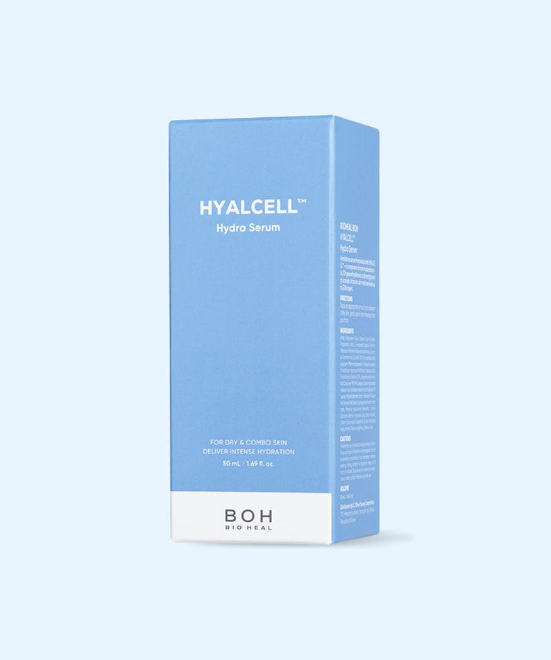 BIO HEAL BOH Hyalcell Hydra Serum 50ml, packaging de la marque BOH sur fond bleu, produit soin hydratant