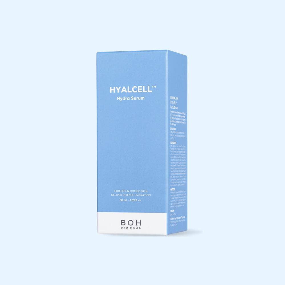 BIO HEAL BOH Hyalcell Hydra Serum 50ml, packaging de la marque BOH sur fond bleu, produit soin hydratant