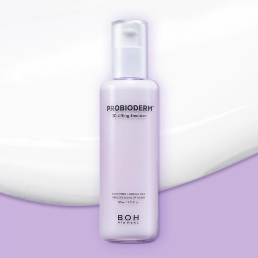 BIO HEAL BOH Probioderm 3D Lifting Emulsion 150ml, flacon sur fond clair et violet, style soin visage lifting.