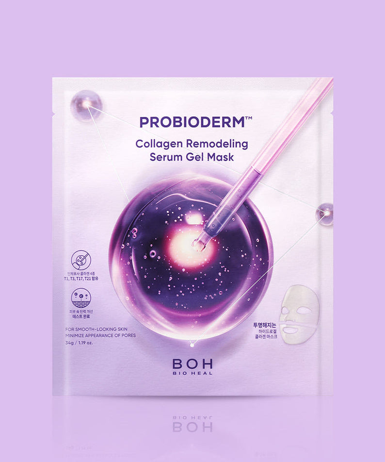 BIO HEAL BOH Probioderm Collagen Remodeling Serum Gel Mask 5 Sheets, masque visage en sachet, produit BOH sur fond violet