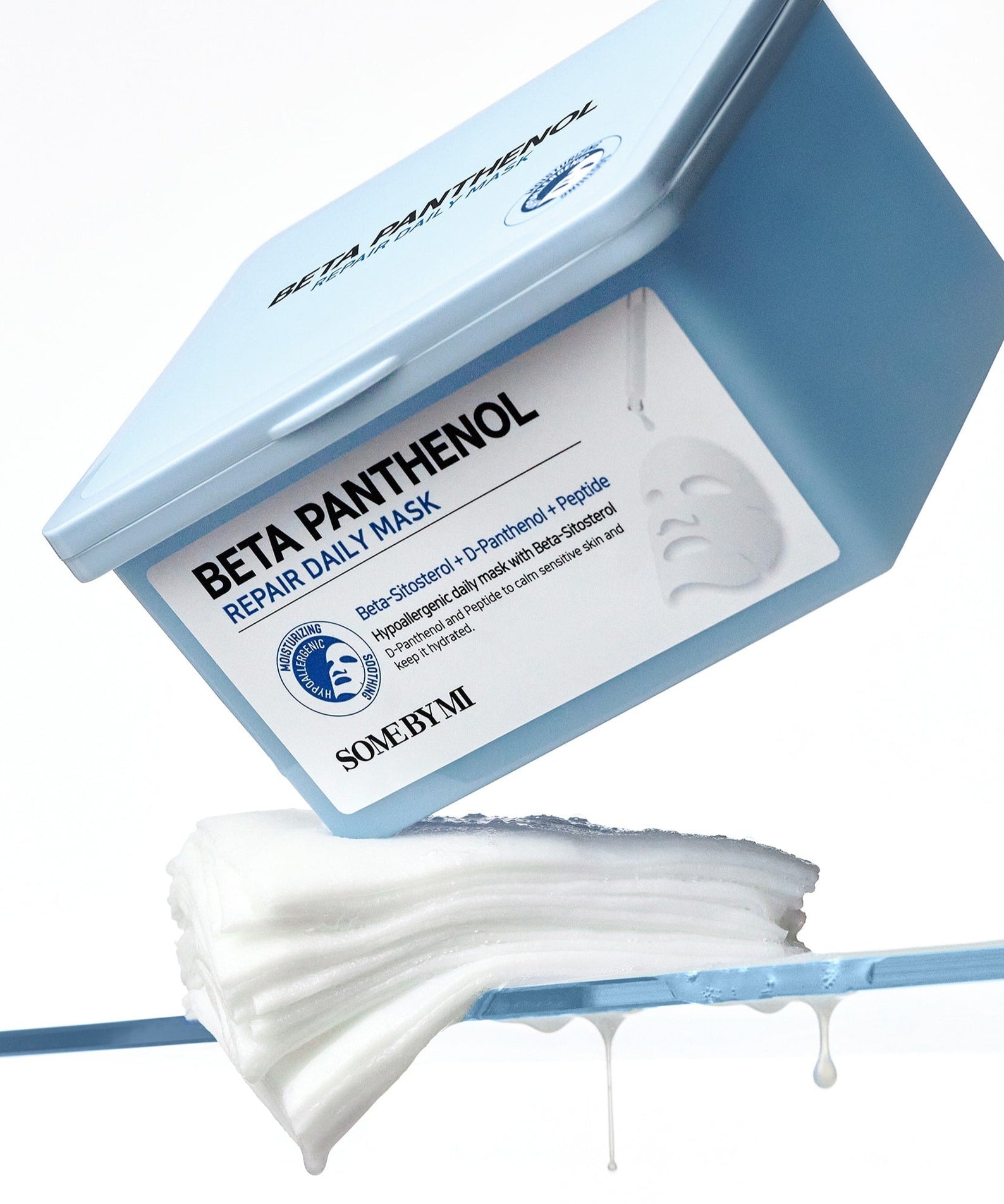 SOME BY MI Beta Panthenol Repair Daily Mask 30ea, boîte bleue avec masques empilés, soin visage hydratant, 30 masques.