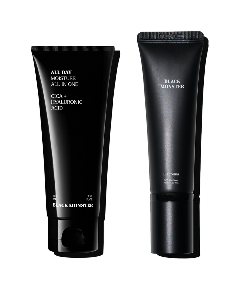 BLACK MONSTER BEST Introductory Set, tubes cosmétiques noirs sur fond clair : produits de la marque Black Monster.