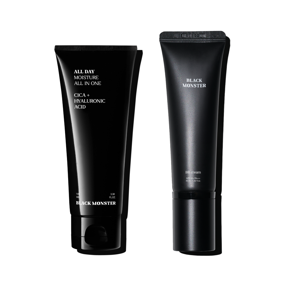 BLACK MONSTER BEST Introductory Set, tubes cosmétiques noirs sur fond clair : produits de la marque Black Monster.
