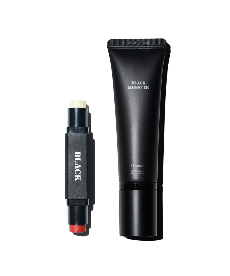 BLACK MONSTER Basic Set de marque Black Monster : tube noir et stick, fond blanc, produit de soin visage.