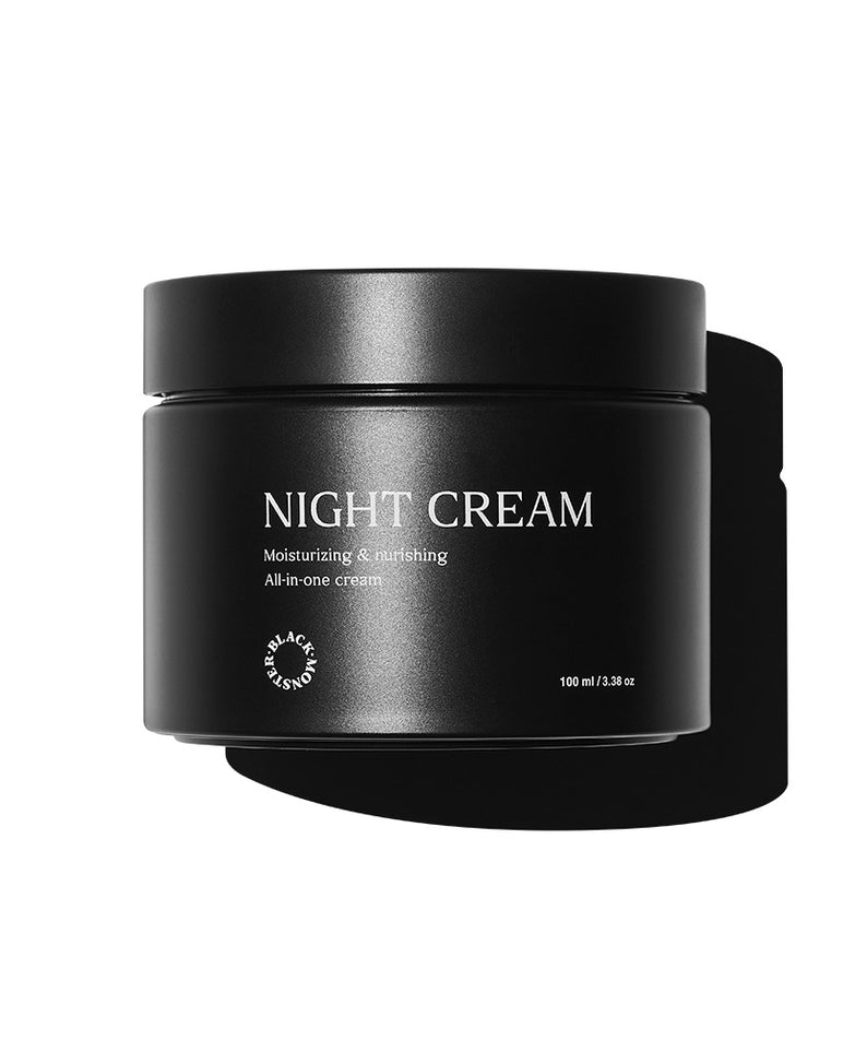 BLACK MONSTER Black Monster Night Cream 100ml, crème de nuit noire sur fond clair, pot noir et texte NIGHT CREAM.