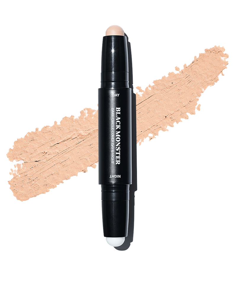 BLACK MONSTER Dark Circle Cover Day & Night, correcteur anti-cernes en stick, produit sur fond noir, maquillage jour