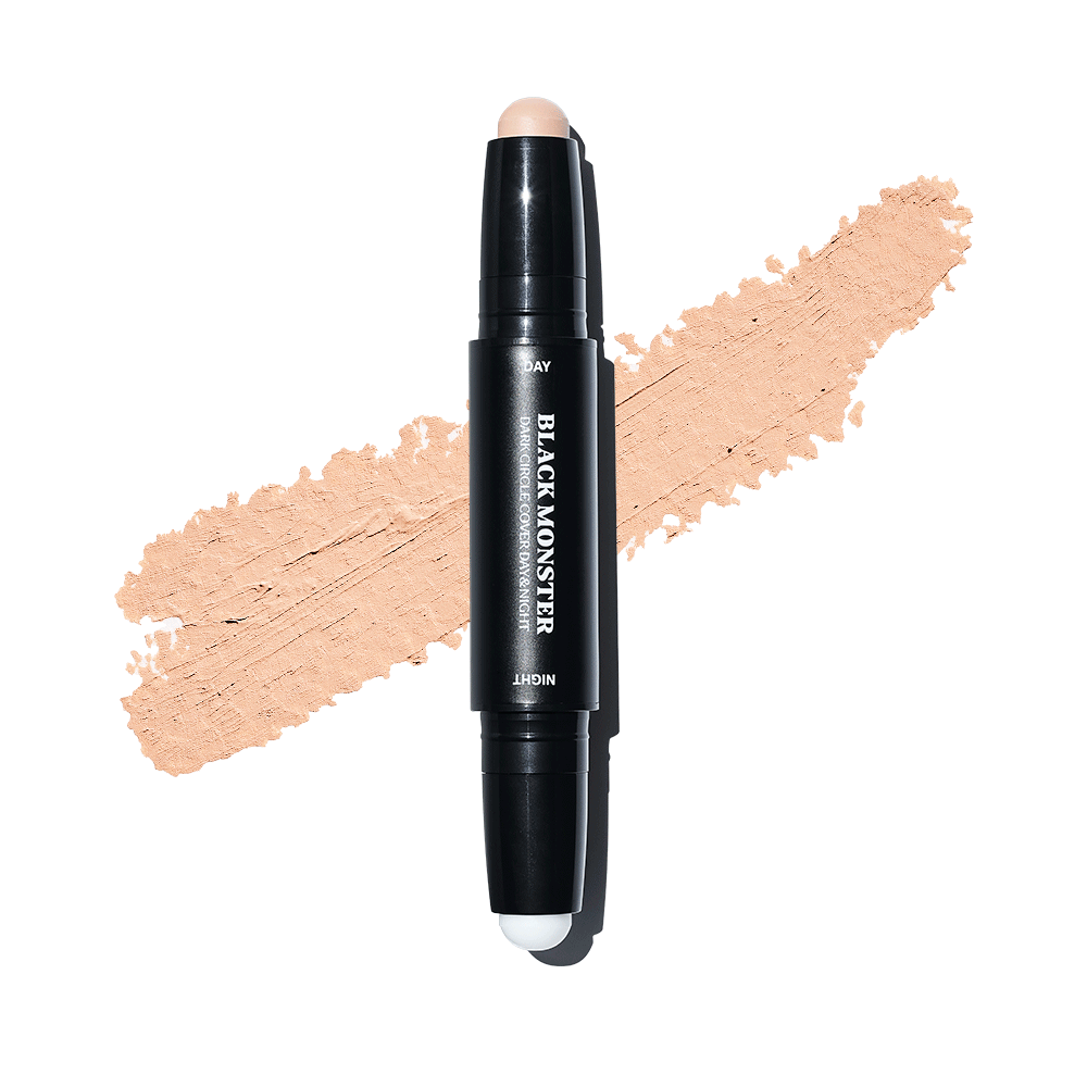 BLACK MONSTER Dark Circle Cover Day & Night, correcteur anti-cernes en stick, produit sur fond noir, maquillage jour