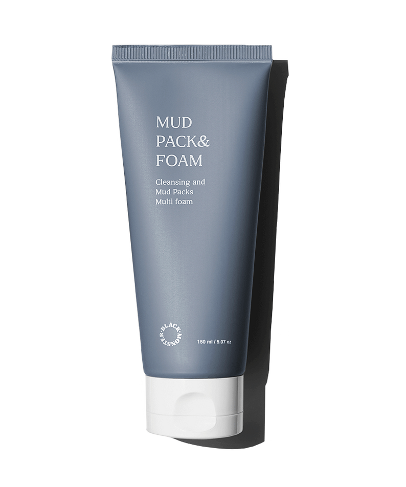 Décris l'image en français : BLACK MONSTER Mud Pack & Foam 150ml, tube bleu « Mud Pack & Foam », fond clair