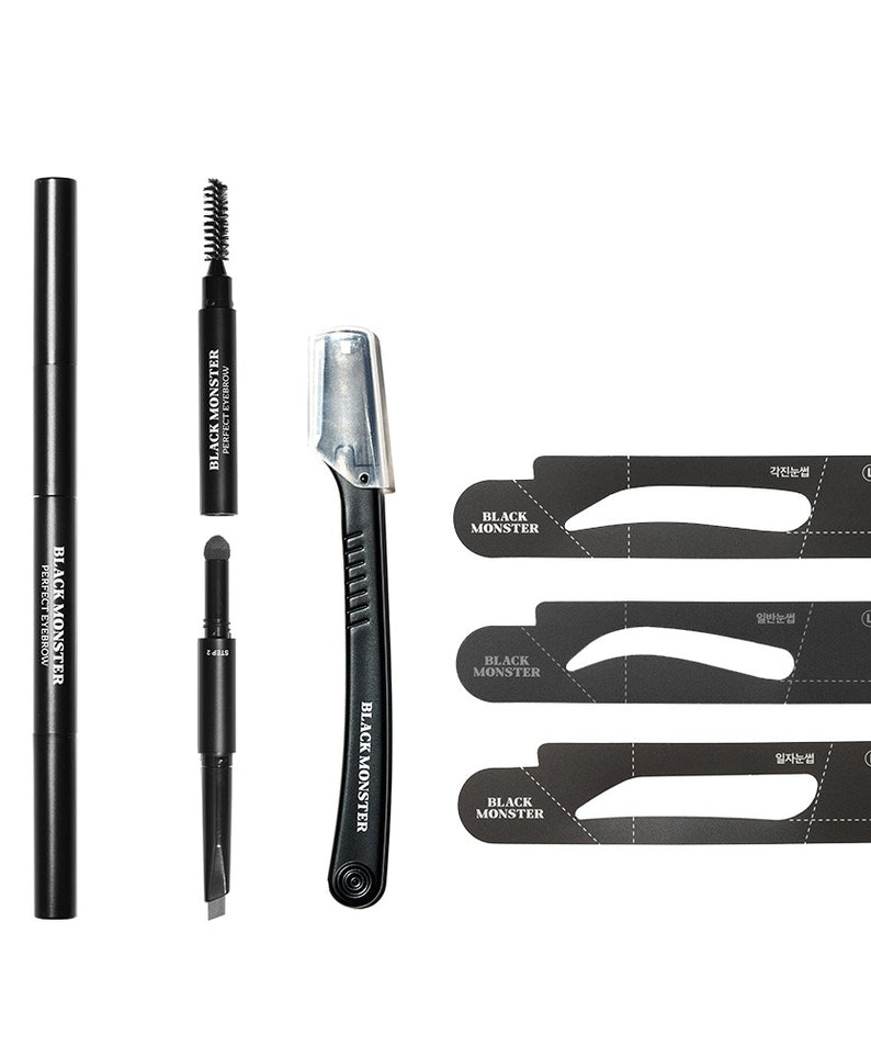 BLACK MONSTER Perfect Eyebrow Kit de la marque BLACK MONSTER, sur fond blanc, avec accessoires et gabarits.