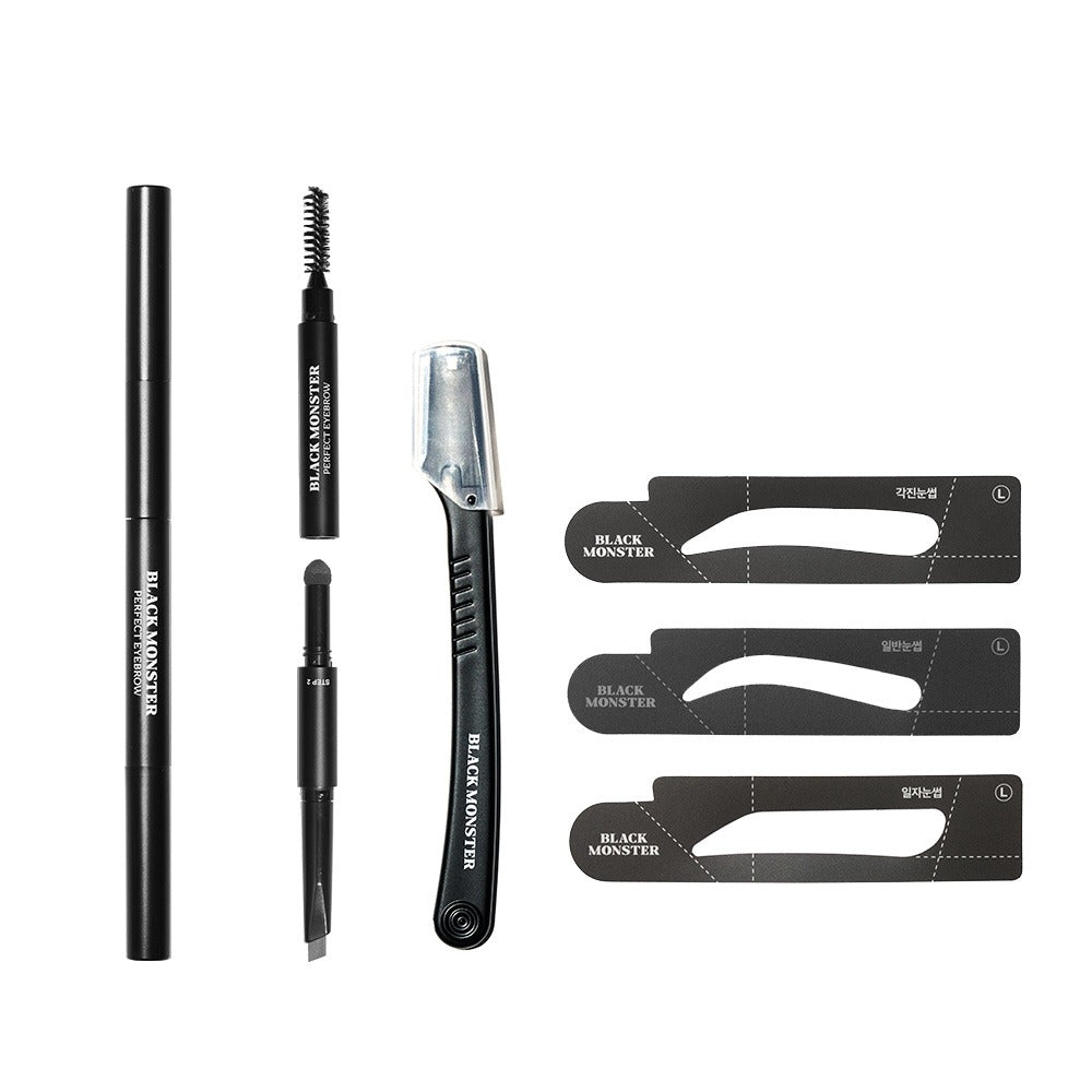 BLACK MONSTER Perfect Eyebrow Kit de la marque BLACK MONSTER, sur fond blanc, avec accessoires et gabarits.