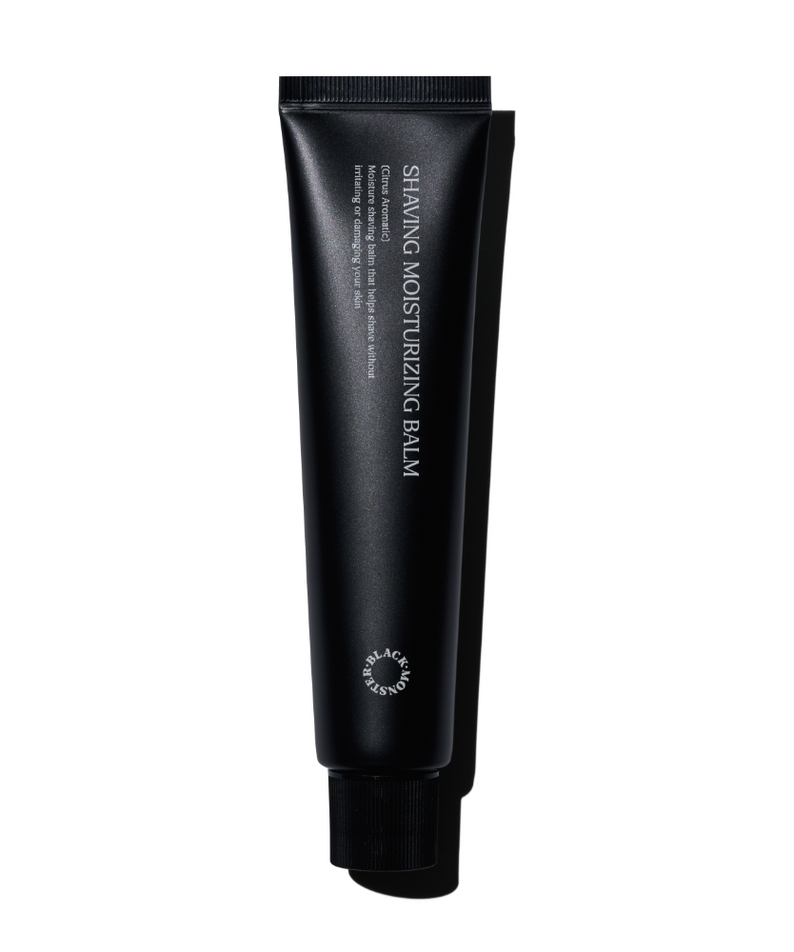 BLACK MONSTER Shaving Moisture Balm de la marque, tube noir sur fond blanc, photo produit en gros plan.