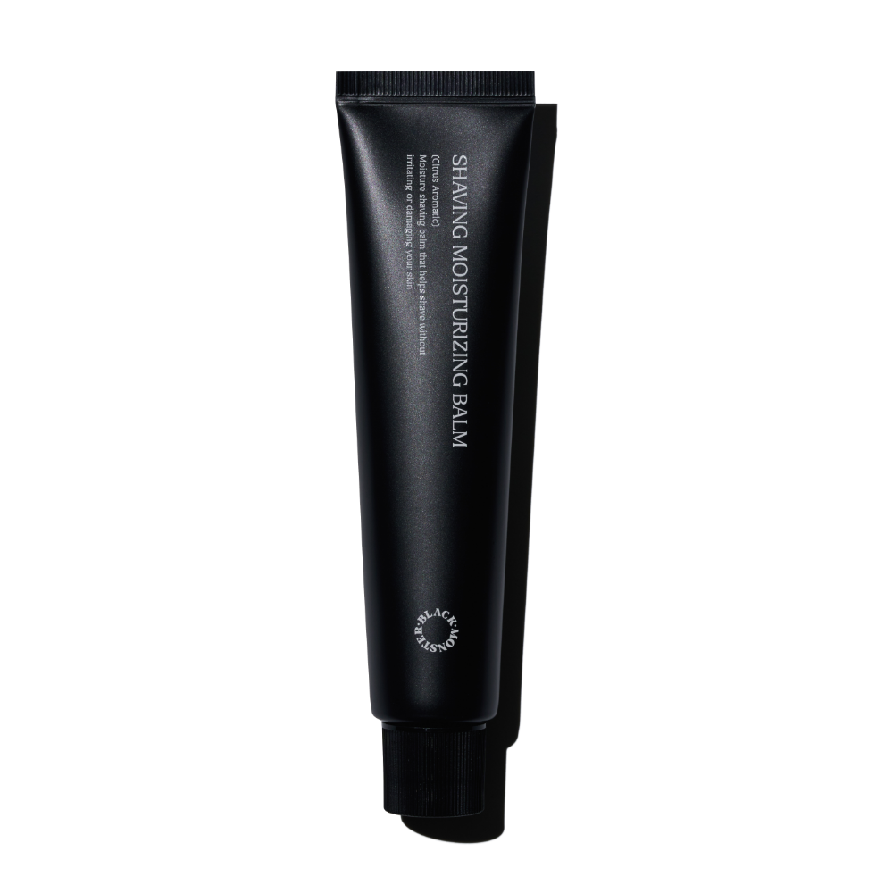 BLACK MONSTER Shaving Moisture Balm de la marque, tube noir sur fond blanc, photo produit en gros plan.