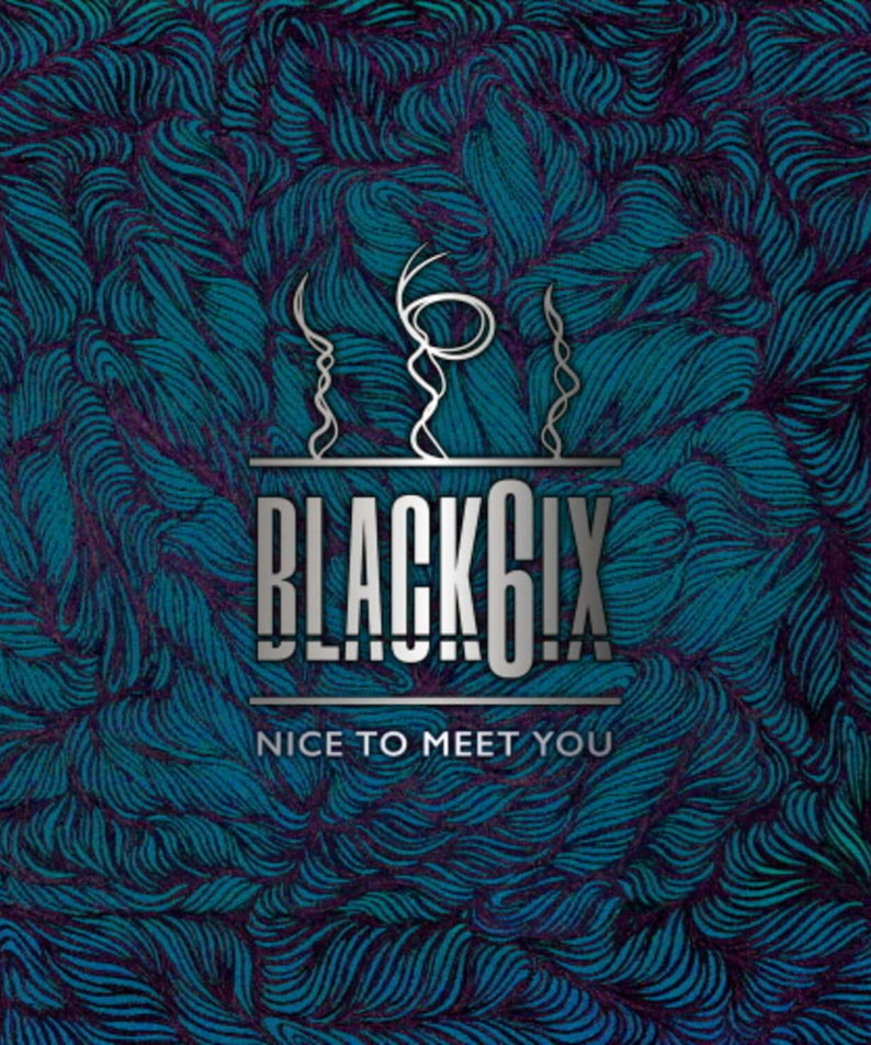 BLACK6IX - 2nd Album [NICE TO MEET YOU] - Album Kpop : jaquette sur fond bleu motif plumes, design marque BLACK6IX